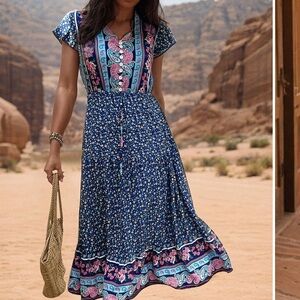 Harmonia maxi dress medium pockets blue floral cotton bohemian beach coastal